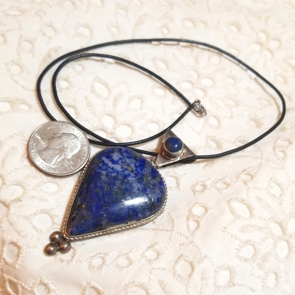Vtg Artisan Large Lapis Lazuli Sterling Pendant Necklace - Picture 3 of 6